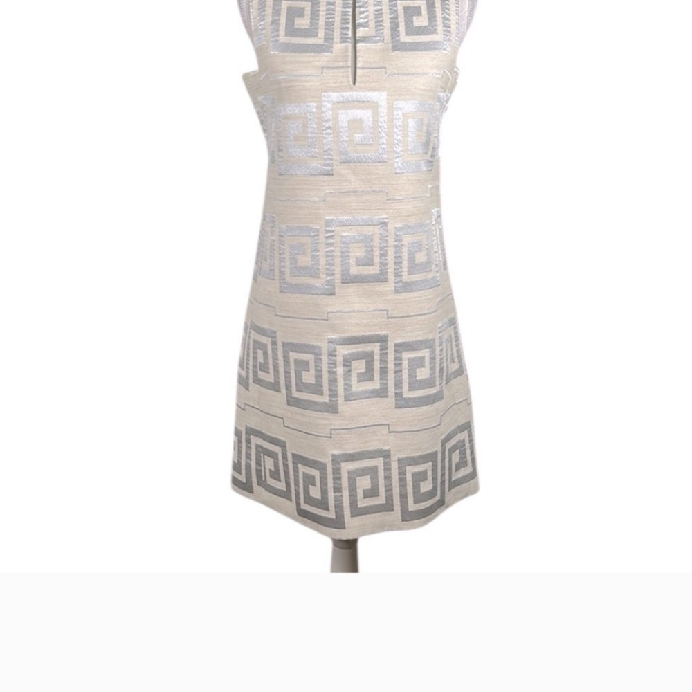 Tory Burch Cream & Silver Metallic V-Neck Sleeveless Modern Sheath Dress Size 4
